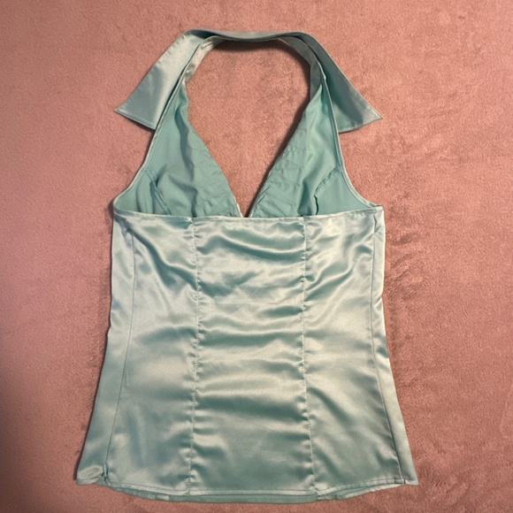 Marciano Halter Top Ruffle Collar V-Neck Sleeveless Women's Medium Teal Y2K Club - Picture 2 of 8